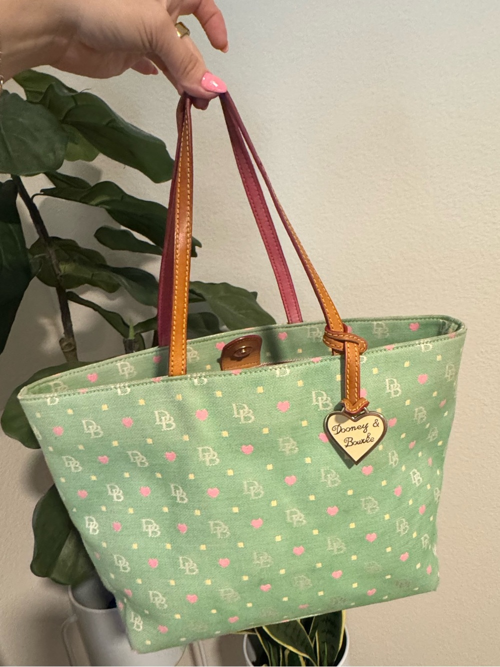Dooney & Bourke Mint Green Hearts Monogram Canvas Tote Bag Y2K